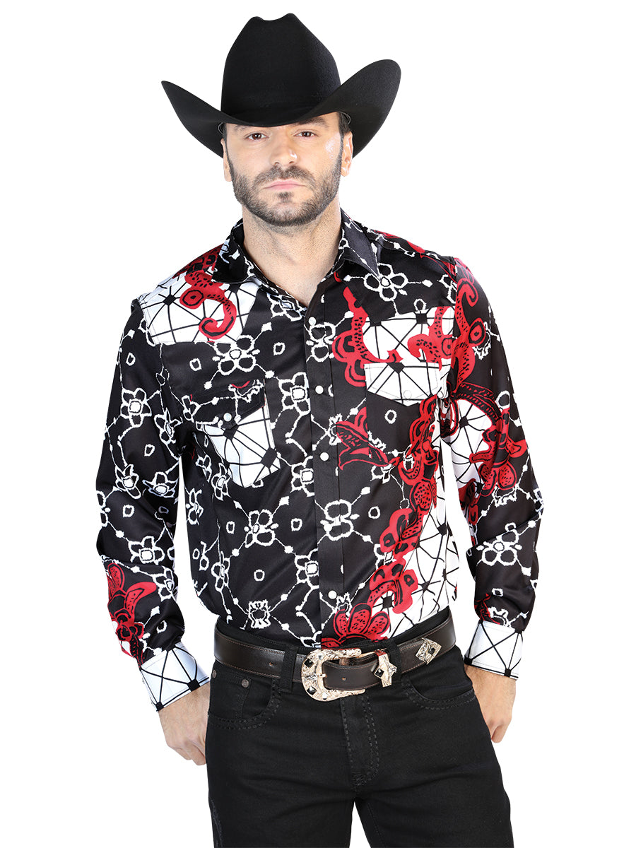 Negro y Rojo Casual Manga Larga Camisa 44076