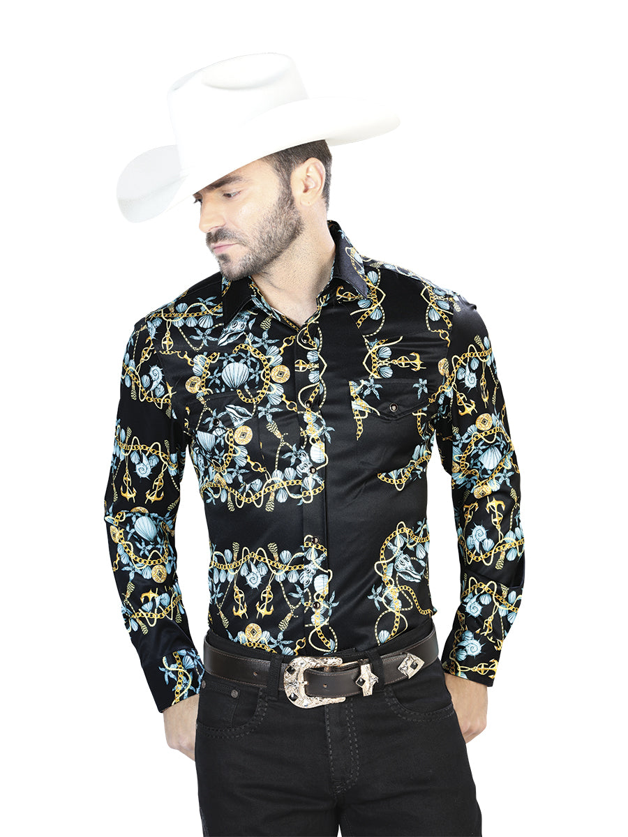 Negro Dorado Casual Manga Larga Camisa 44083