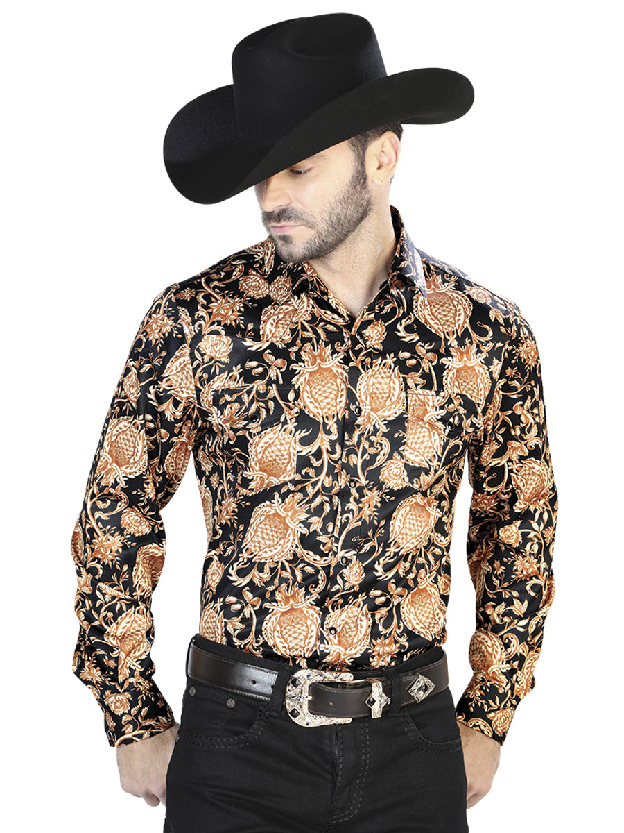 Dorado y Negro Casual Manga Larga Camisa 44092