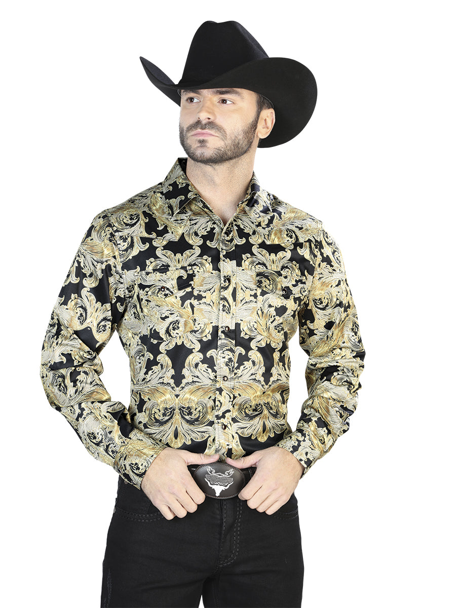 Camisa Casual L/ Manga El Señor De Los Cielos 33 97%poliéster 3%lycra Oro/negro 44106
