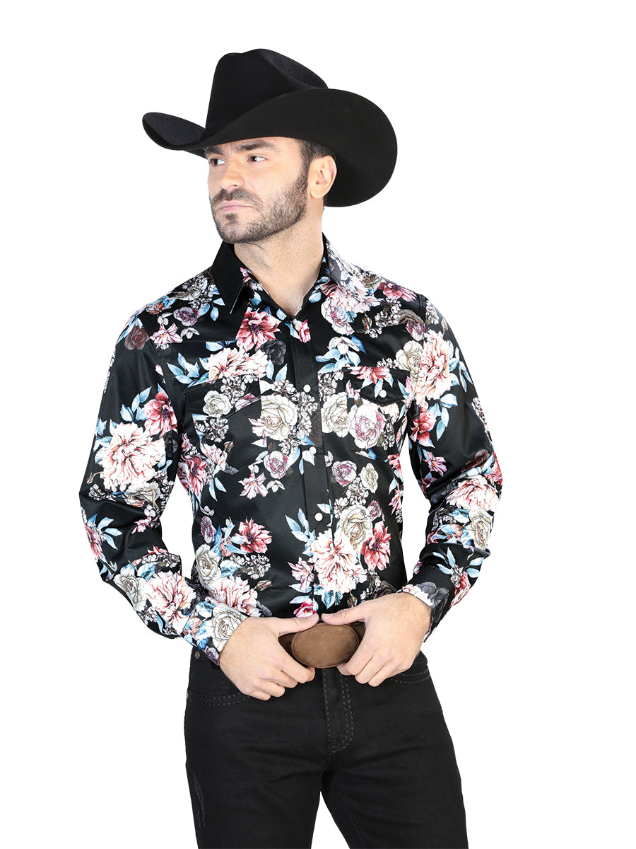 Camisa Casual Manga Larga El Señor De Los Cielos 35 97%Poliéster 3%Lycra Negro/Estampado Rosas 44111