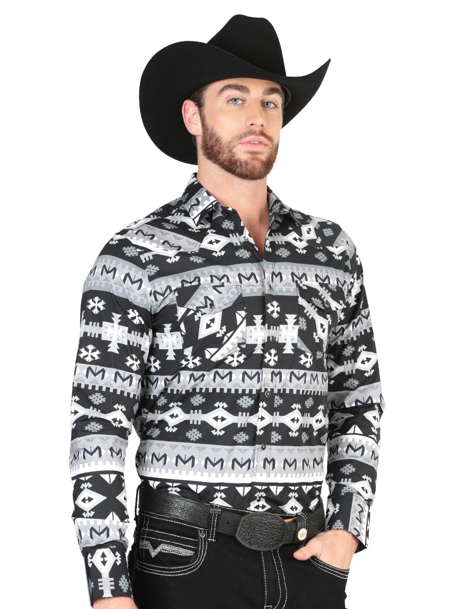 Casual Long - Sleeve Camisa del General Negro/blanco 44419
