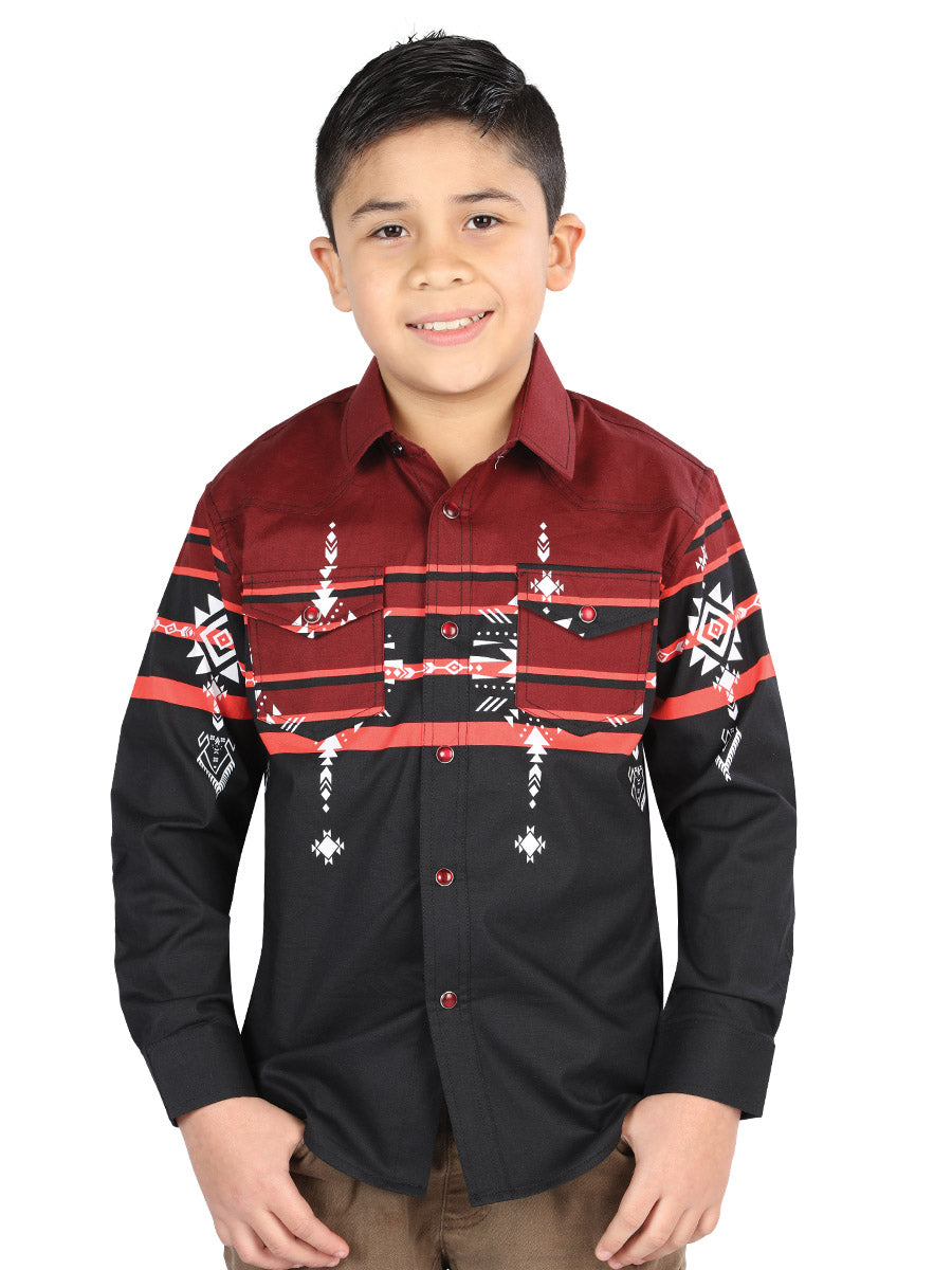 Casual Long - Sleeve Camisa del General Negro/borgoña 44469