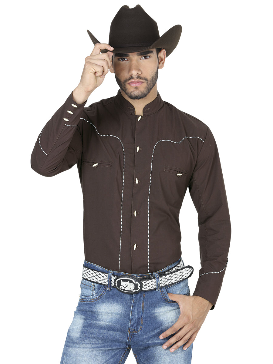 Camisa Charra El Senor De Los Cielos Sc18-11 65% Polyester 35% Algodon Cafe 123920