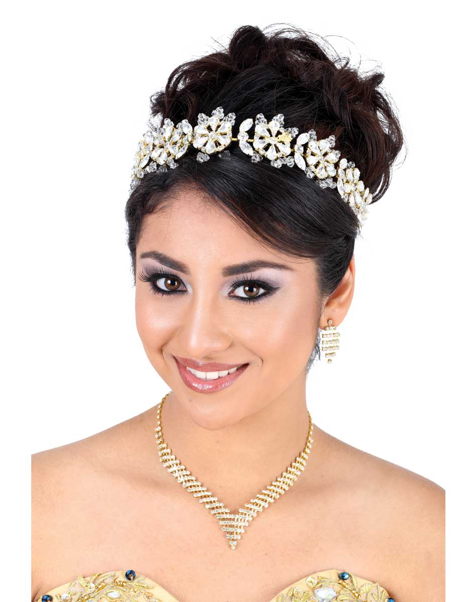 Tocados De Quinceañera Mis Xv Primaveras D-38 Crystal Oro 600004