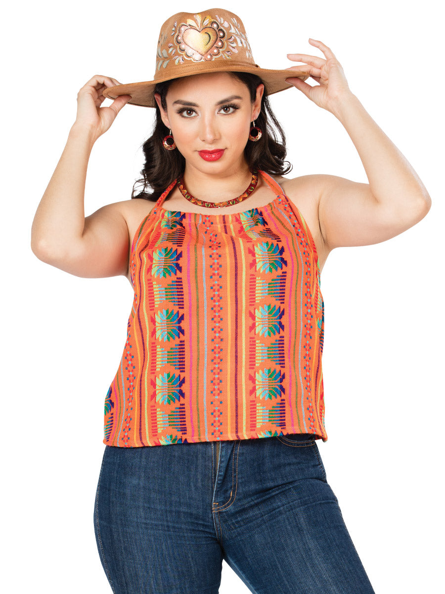 Blusa Mexico Artesanal Tirantes Cambaya-100% Algodon Naranja 603006