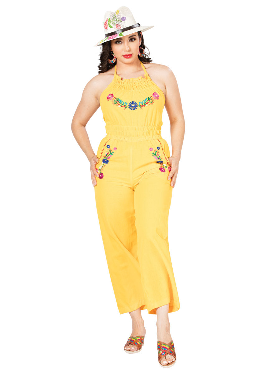 Palatzo Bordado Mexico Artesanal Halter 100% Algodon Amarillo 603185