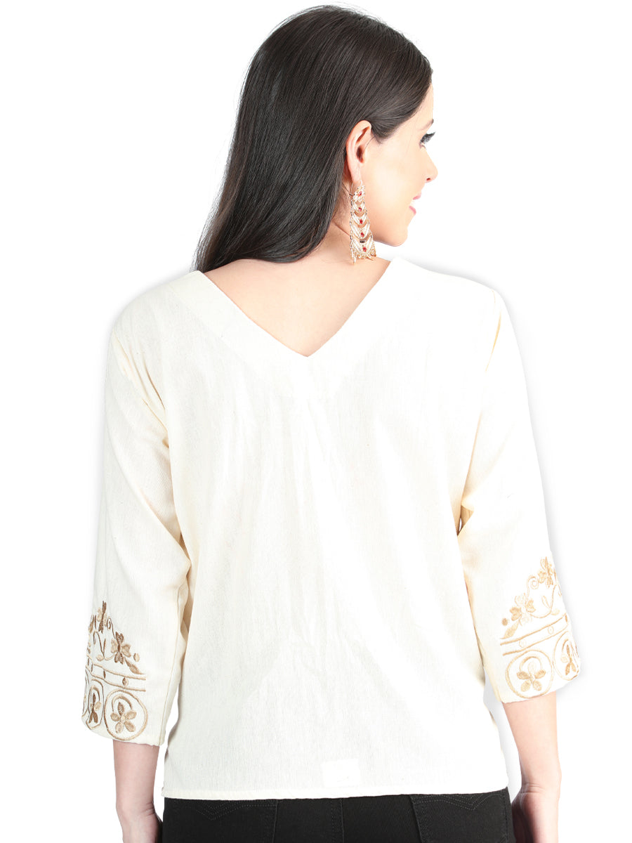 Artesanal Bordado Blusa 100% Algodón Beige 603963