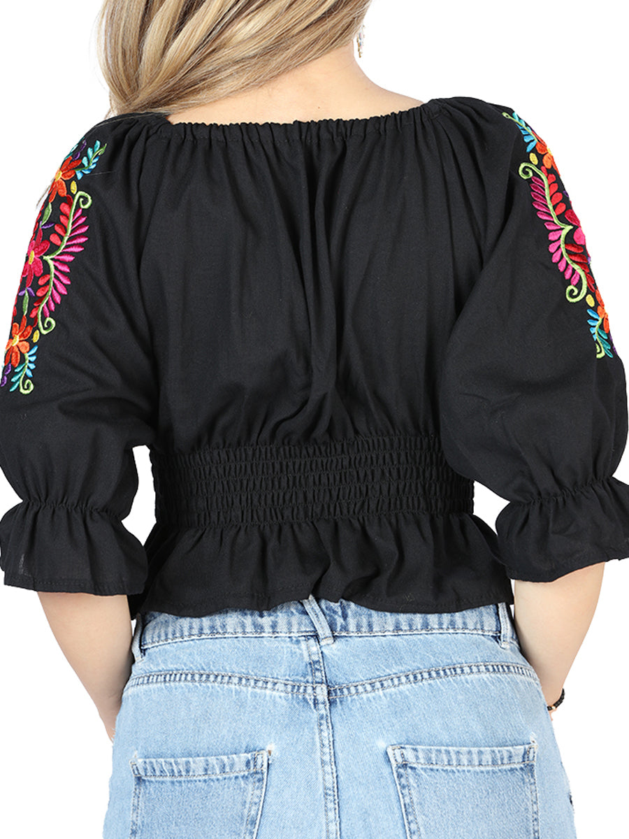 Blusa Artesanal Charro Tienda Ombliguera Flores 100% Algodon Negro 604051