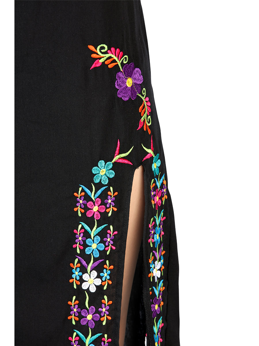 Artesanal Bordado Vestido 100% Algodón Negro 604054
