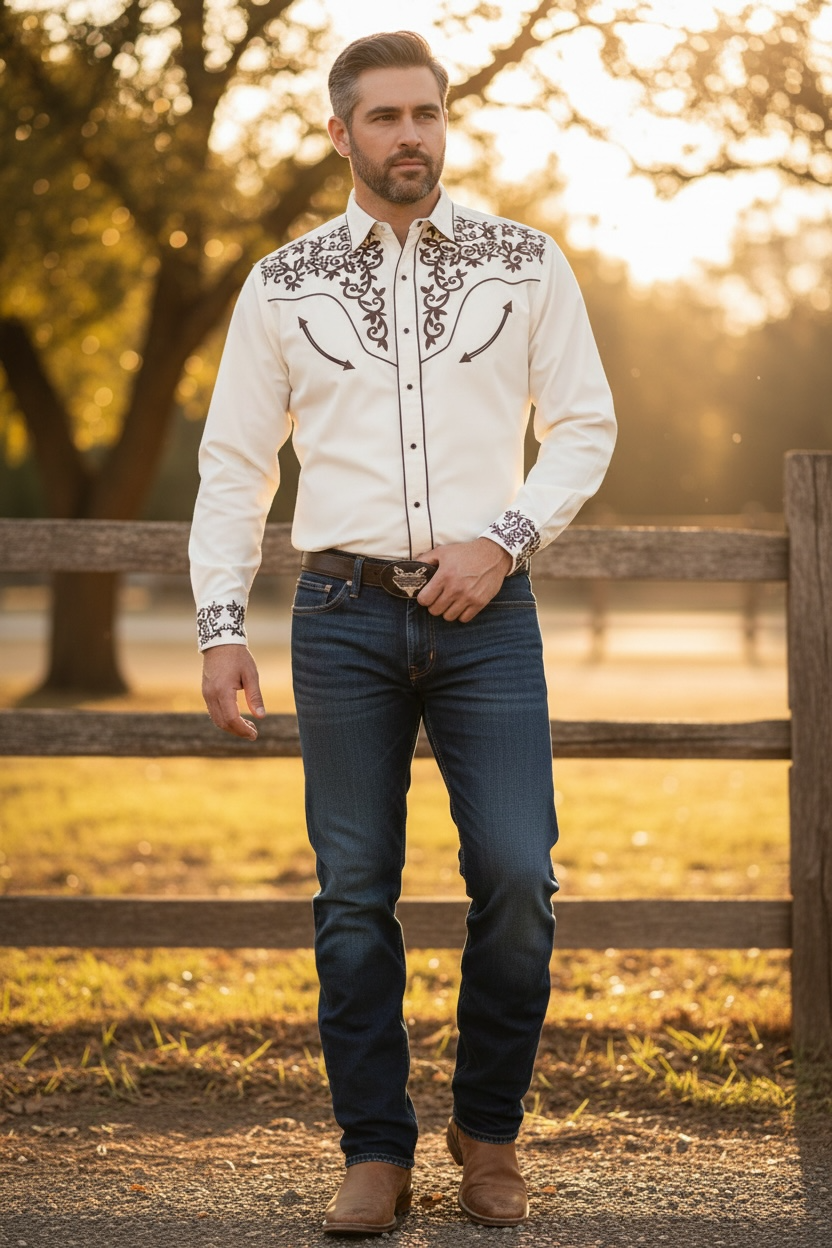 Camisa Vaquera Bordada Hombre