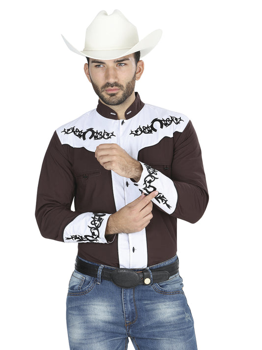 Camisa Charra Manga Larga El General Chc063 65% Polyester 35% Algodon Cafe 40793