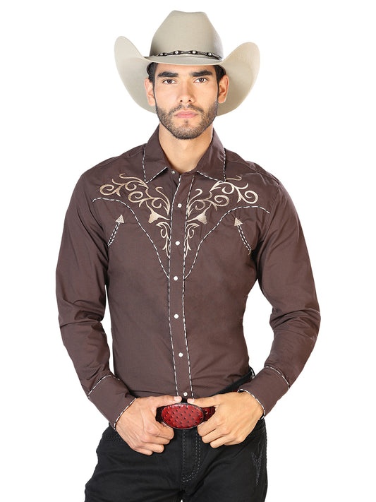 Camisa Vaquera M/ Larga El Senor De Los Cielos Mch-02-10 65% Poliester 35% Algodon Cafe 42891