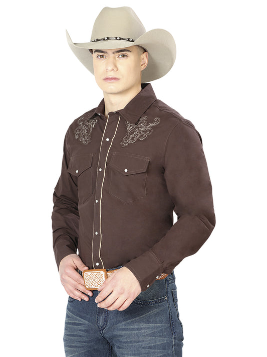 Camisa Vaquera Manga Larga El Senor De Los Cielos Mc061909 65% Polyester 35% Algodon Cafe 42953