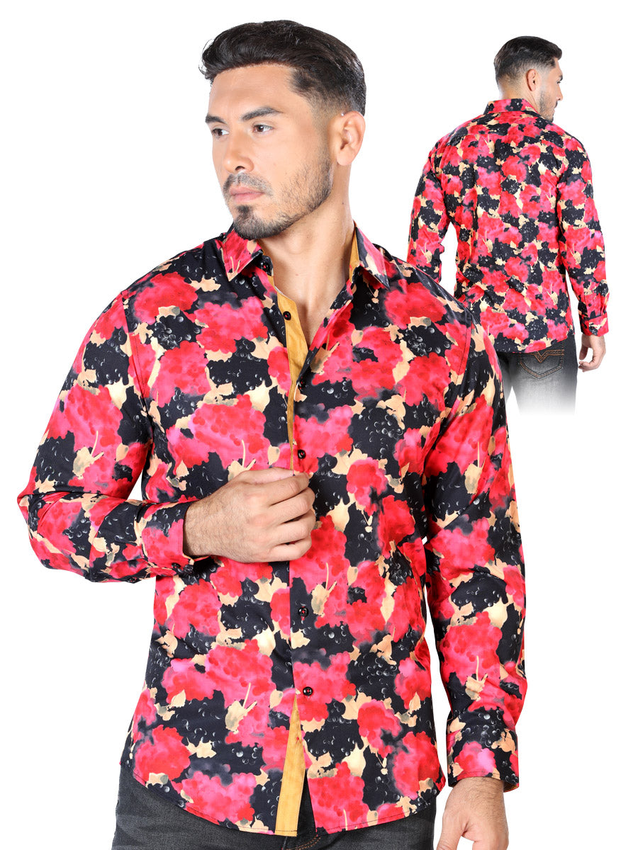 Camisa Casual L/ Manga El Senor De Los Cielos D007 97% Poliester 3% Elastano Rojo/Negro/Arena 43446