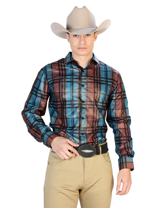Camisa Casual L/ Manga El Señor De Los Cielos Wh7-145 100% Poliéster Naranja/Azul 43780