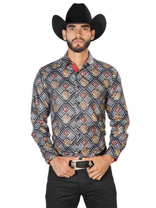 Camisa Casual L/ Manga El Señor De Los Cielos Wh7-282 100% Poliéster Blanco/ Negro/Dorado 43798