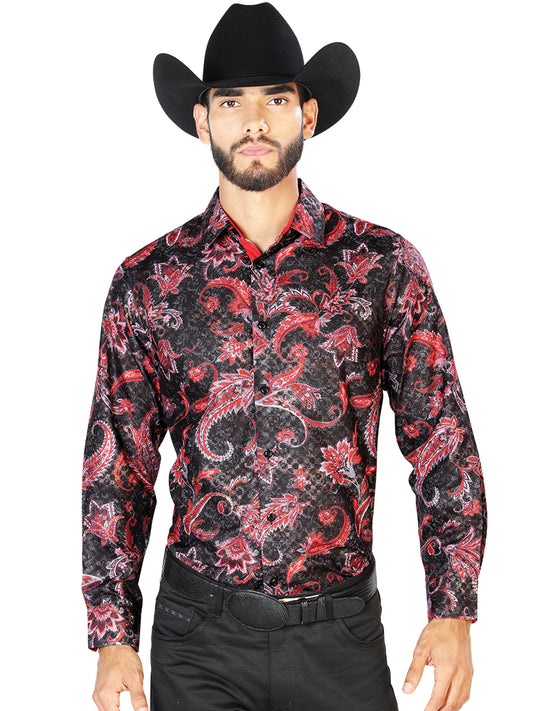 Camisa Casual Manga Larga El Señor De Los Cielos Wh7-059 100% Poliéster Negro/Rojo 43804