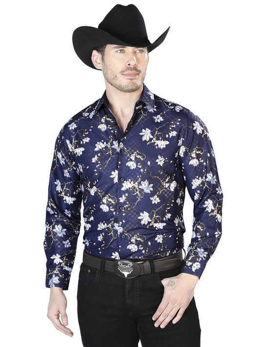 Camisa Casual Manga Larga El Señor De Los Cielos Wh7-034 100% Poliéster Azul Marino 43822