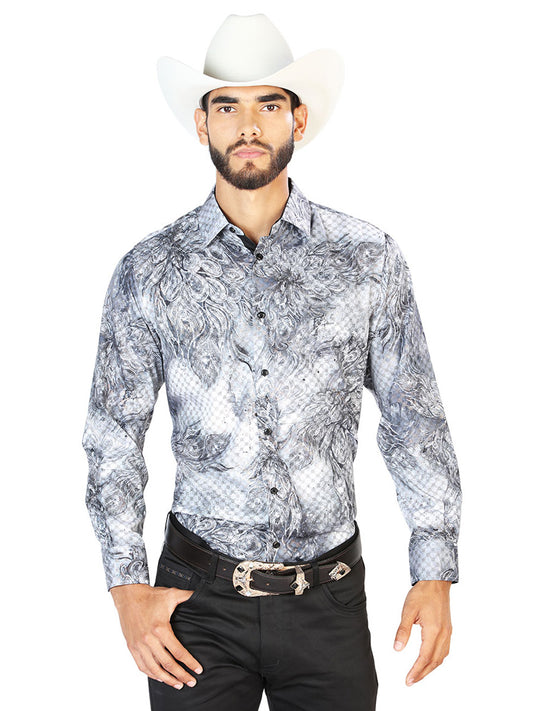 Camisa Casual Manga Larga El Señor De Los Cielos Wh7-070 97% Poliéster 3% Elastano Estampado Gris 43862