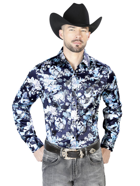 Camisa Casual Manga Larga El Señor De Los Cielos 43 97%Poliéster 3%Lycra Azul/Flores 43958