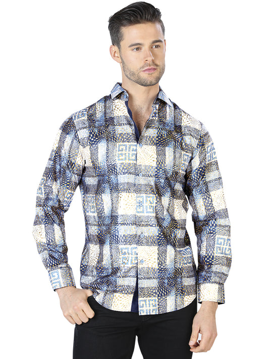 Camisa Casual L/ Manga El Señor De Los Cielos Wh10-007 100% Poliéster Azul/Negro 44009