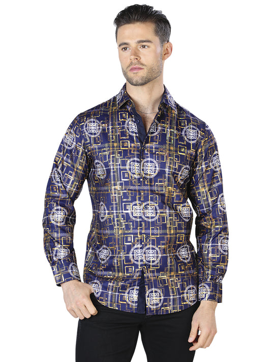 Camisa Casual Manga Larga El Señor De Los Cielos Wh10-012 100% Poliester Marino/Oro 44014