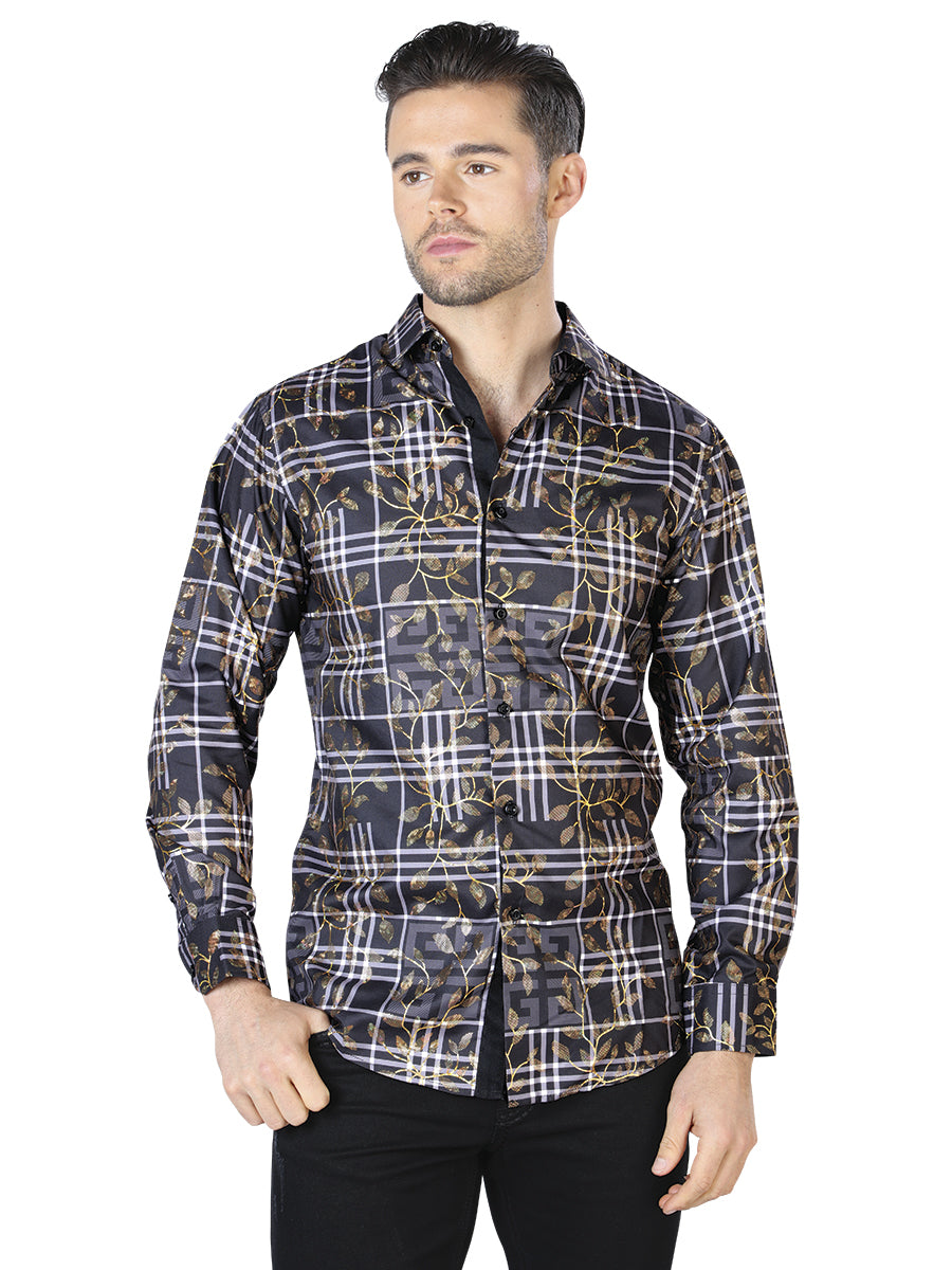Camisa Casual Manga Larga El Señor De Los Cielos Wh10-017 100% Poliéster Negro/Oro 44019