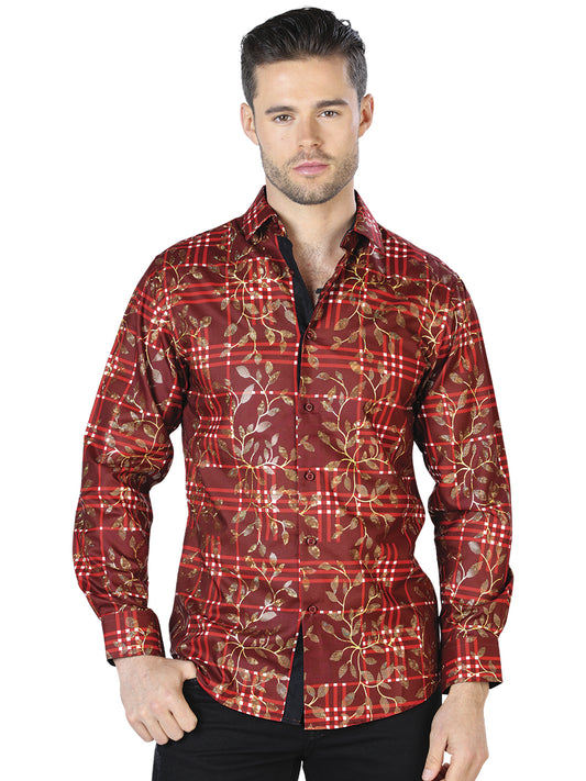 Camisa Casual Manga Larga El Señor De Los Cielos Wh10-019 100% Poliéster Rojo/Oro 44021