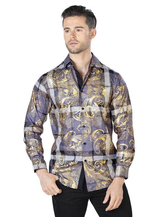 Camisa Casual L/ Manga El Señor De Los Cielos Wh10-020 100% Poliester Negro/Oro 44022
