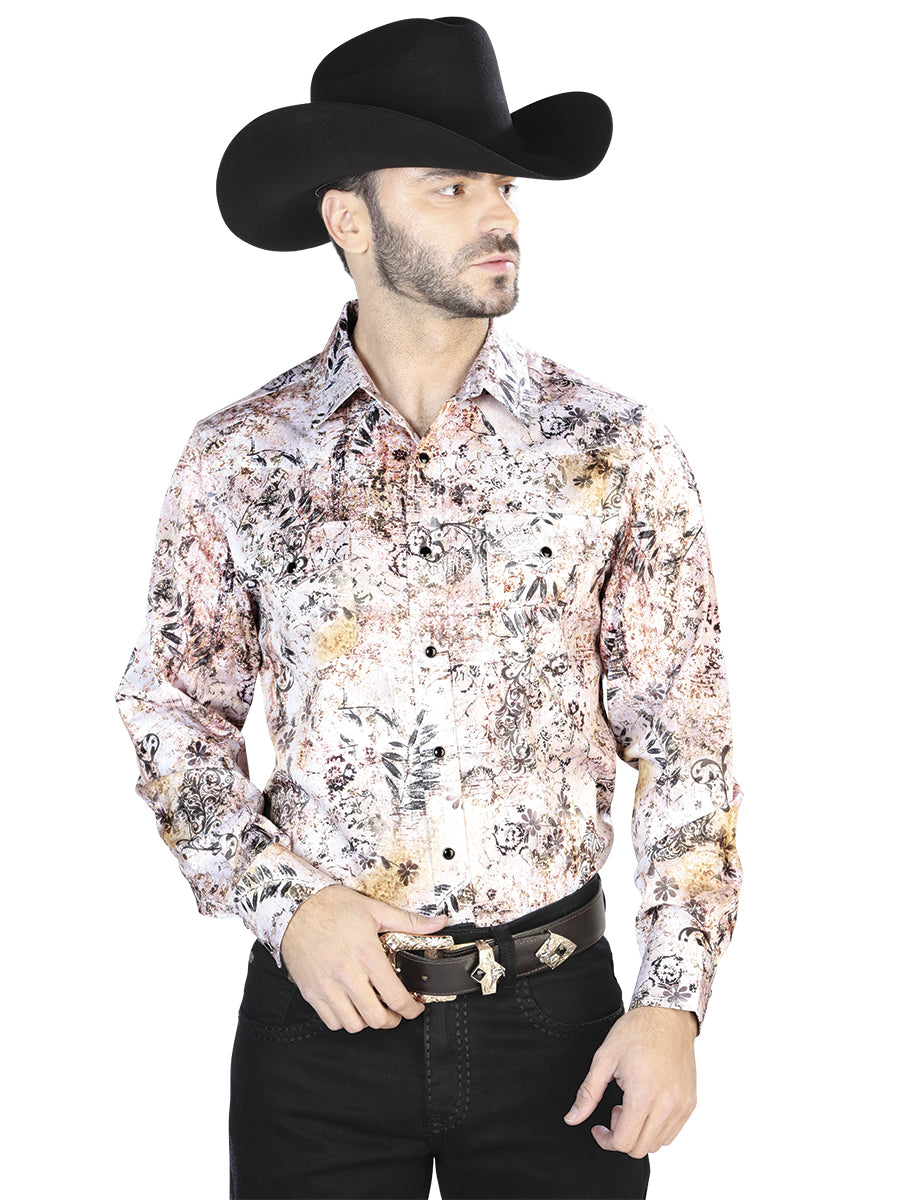 Blanco y Café Casual Manga Larga Camisa 44093