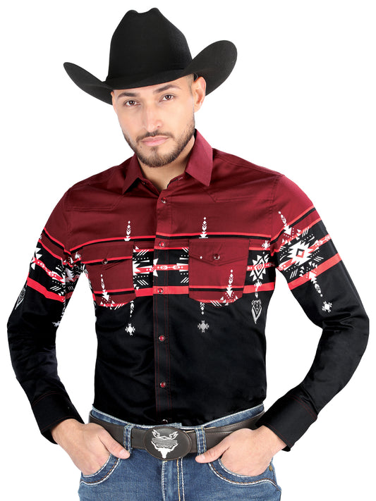 CAMISA VAQUERA M/ LARGA EL SENOR DE LOS CIELOS 23-36 97% COTTON 3% LYCRA NEGRO/BURGUNDY  44454