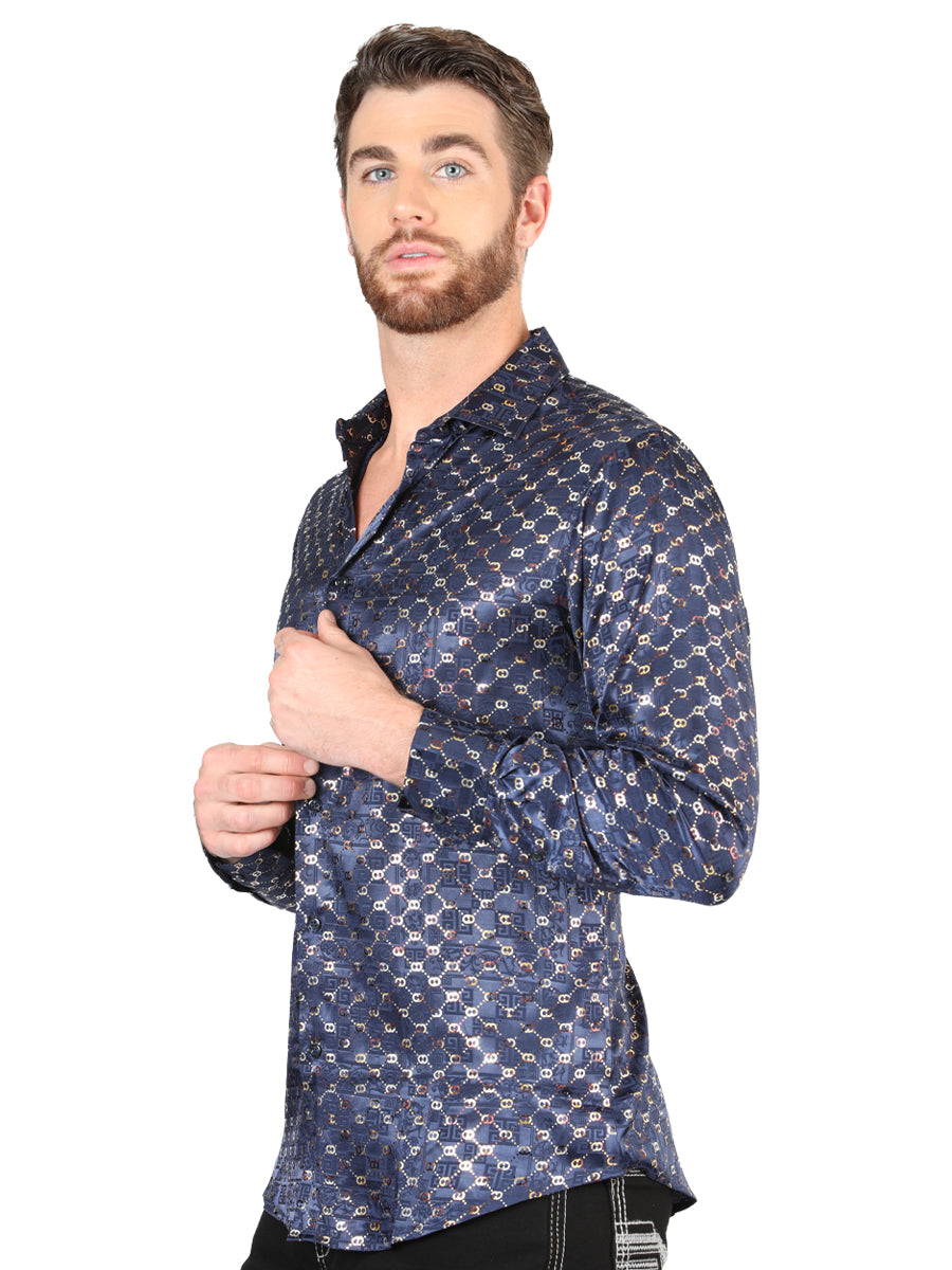 el General Azul Marino/dorado Casual Long - Sleeve Camisa 44548