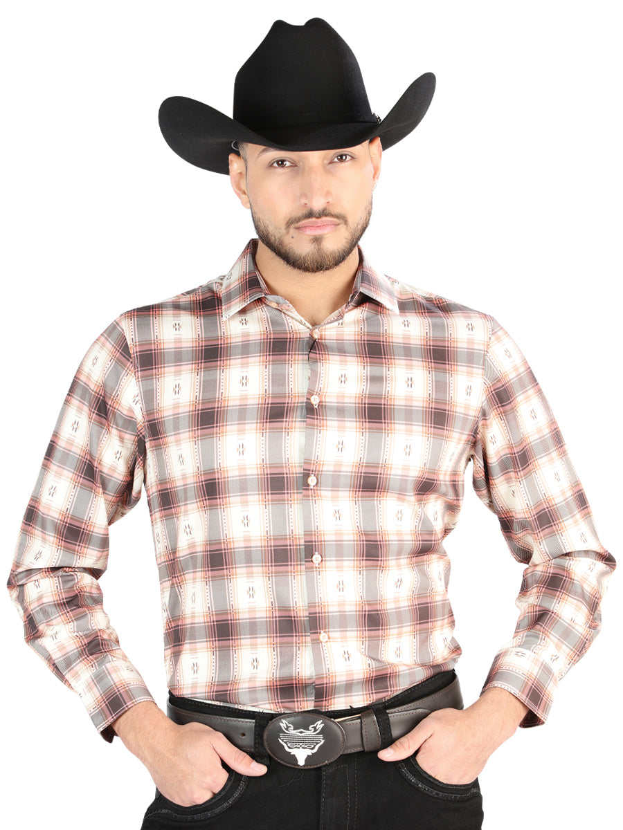 Camisa L/ Manga El Senor De Los Cielos Wh2307-13 97% Algodón 3% Spandex Naranja/Beige 44699