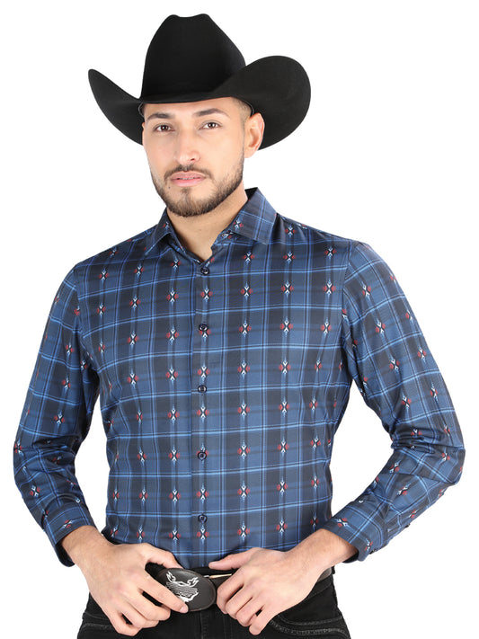 Camisa L/ Manga El Senor De Los Cielos Wh2307-40 97% Algodón 3% Spandex Negro/Azul 44704