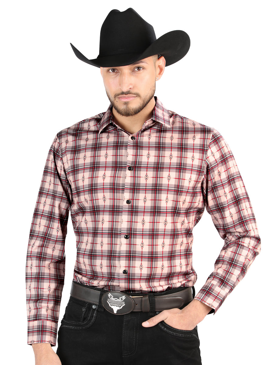 Camisa L/ Manga El Senor De Los Cielos Wh2307-113 97% Algodón 3% Spandex Beige/Rojo 44711