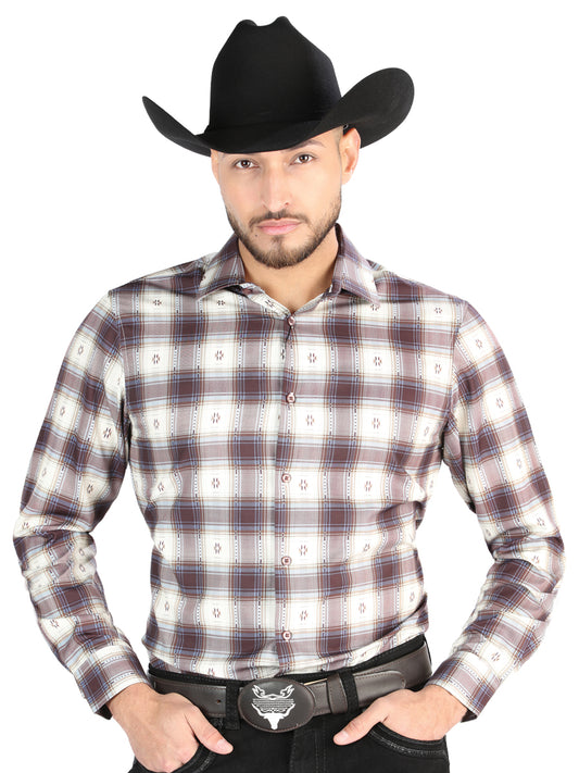 Camisa L/ Manga El Senor De Los Cielos Wh2307-11 97% Algodón 3% Spandex Beige/Burdeos 44713