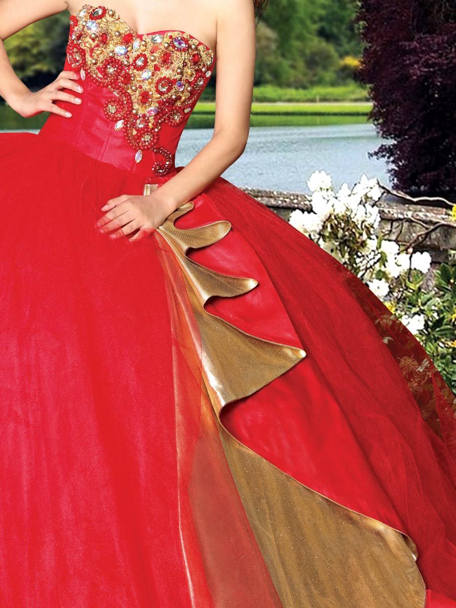 Vestido De Quinceañera Joanini Col B-04 100% Poliester Rojo/Oro 600323
