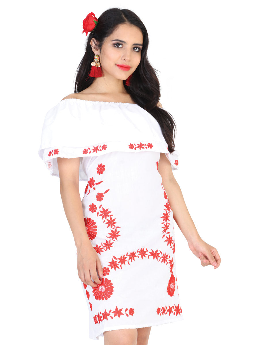 Vestido Mexico Artesanal Bohemio 100% Popelina Blanco/Rojo 601816