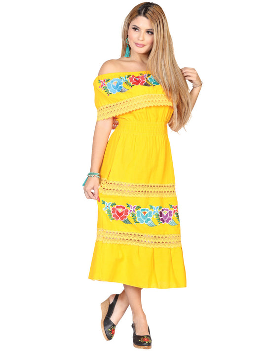 Vestido Bordado/A Mexico Artesanal Folklore 100% Algodon Amarillo 602434