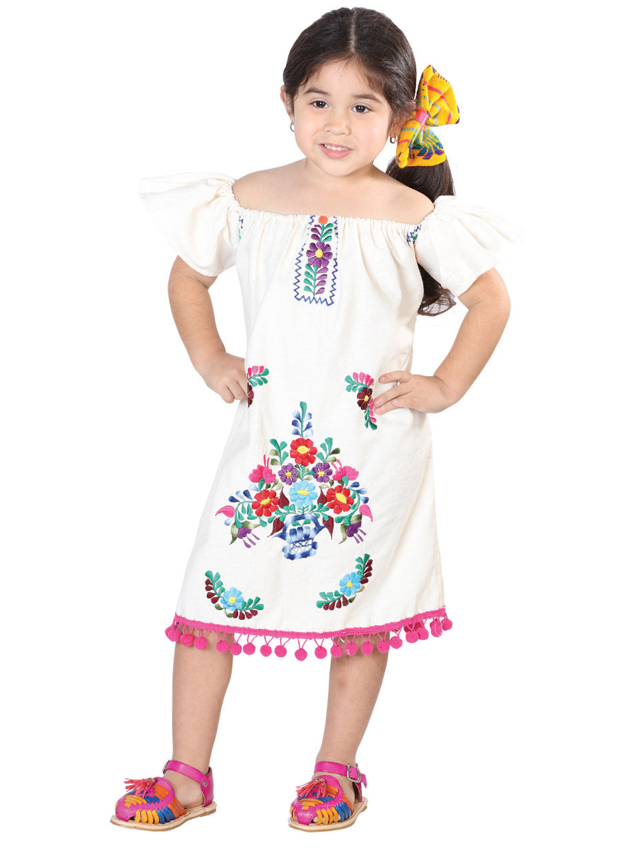 Vestido Mexico Artesanal Ponpon 100% Popelina Beige 602526
