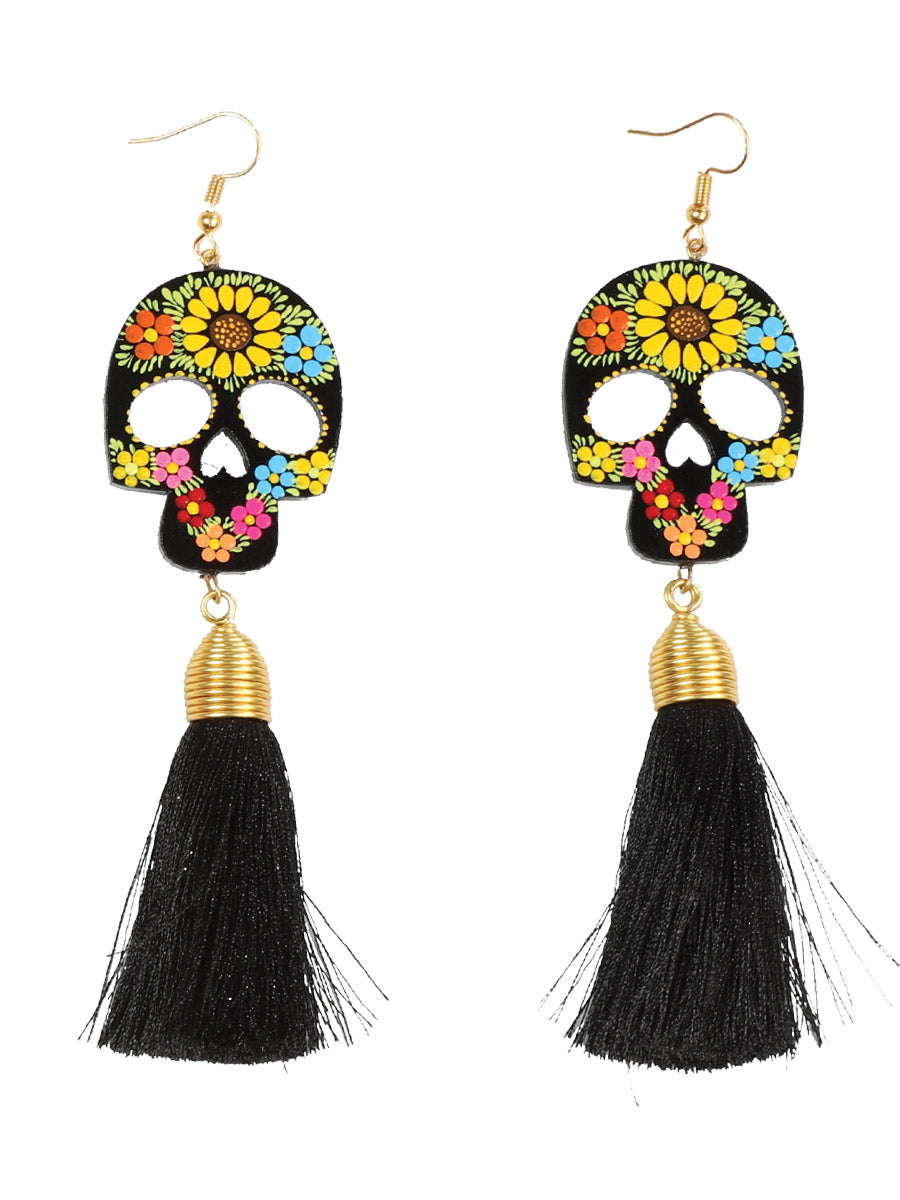 Artesanal Pintado a Mano Aretes Wood - Silk Thread Negro 602947