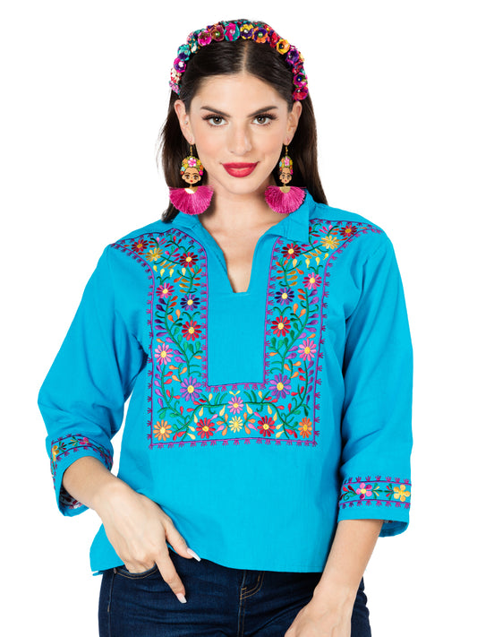 Artesanal Bordado Blusa 100% Algodón Azul 603061