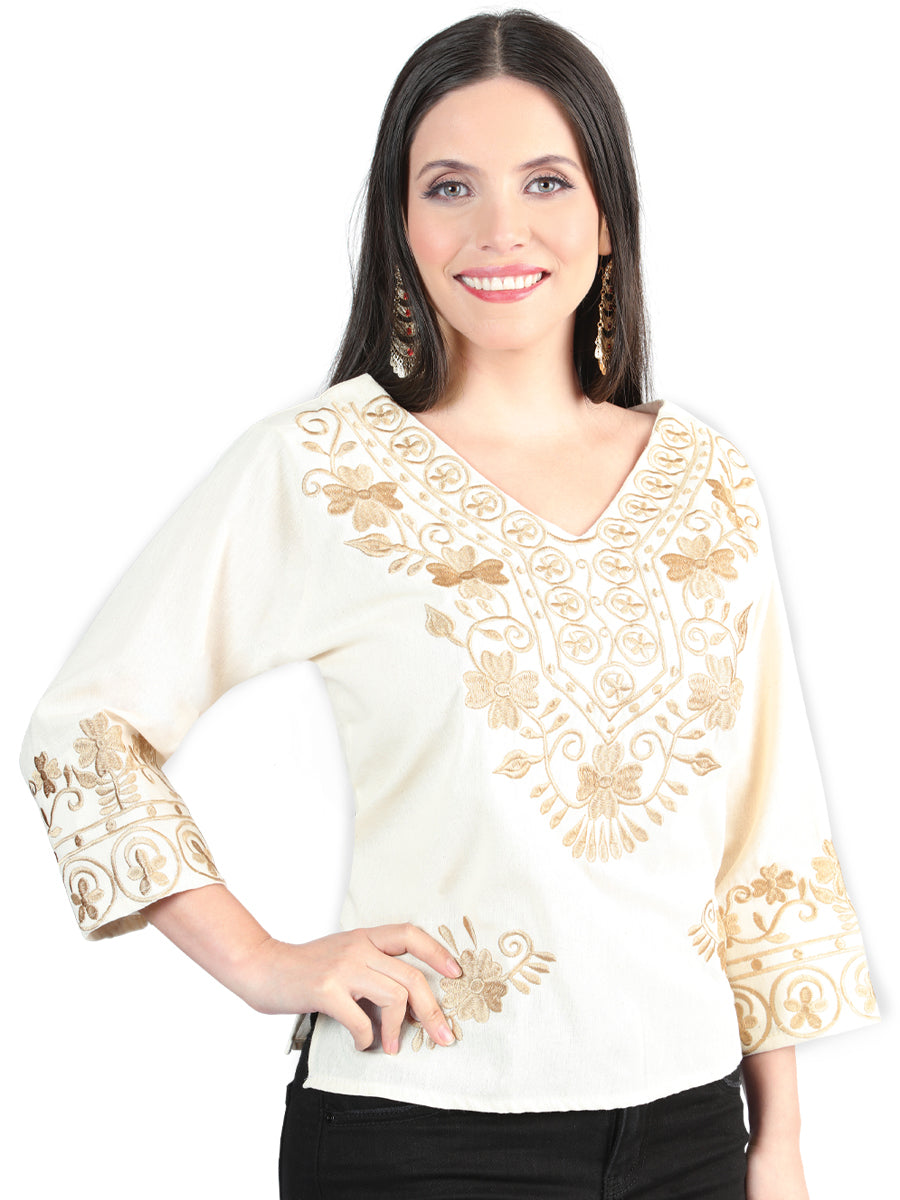 Artesanal Bordado Blusa 100% Algodón Beige 603963