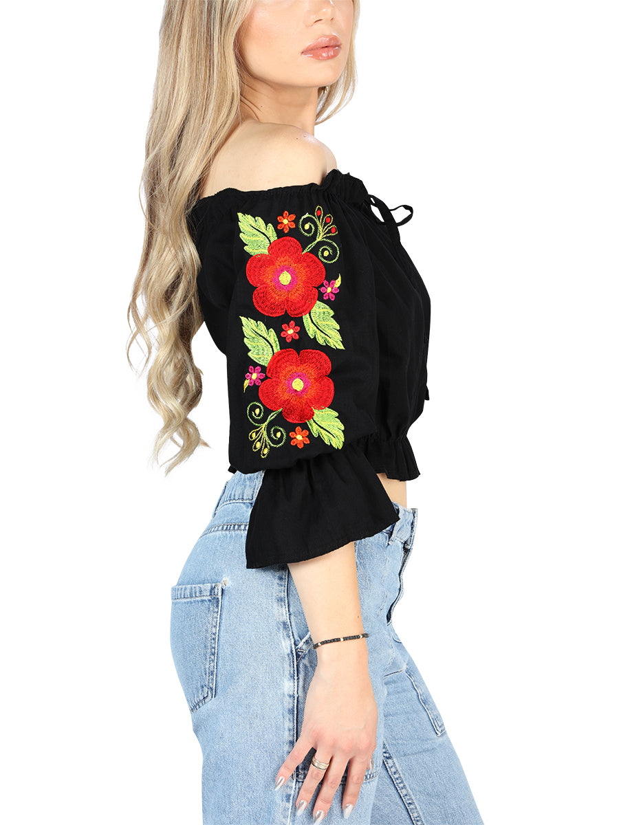 Blusa Artesanal Charro Tienda Ombliguera Rosas 100% Algodon Negro 604050