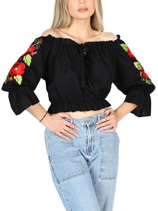 Blusa Artesanal Charro Tienda Ombliguera Rosas 100% Algodon Negro 604050